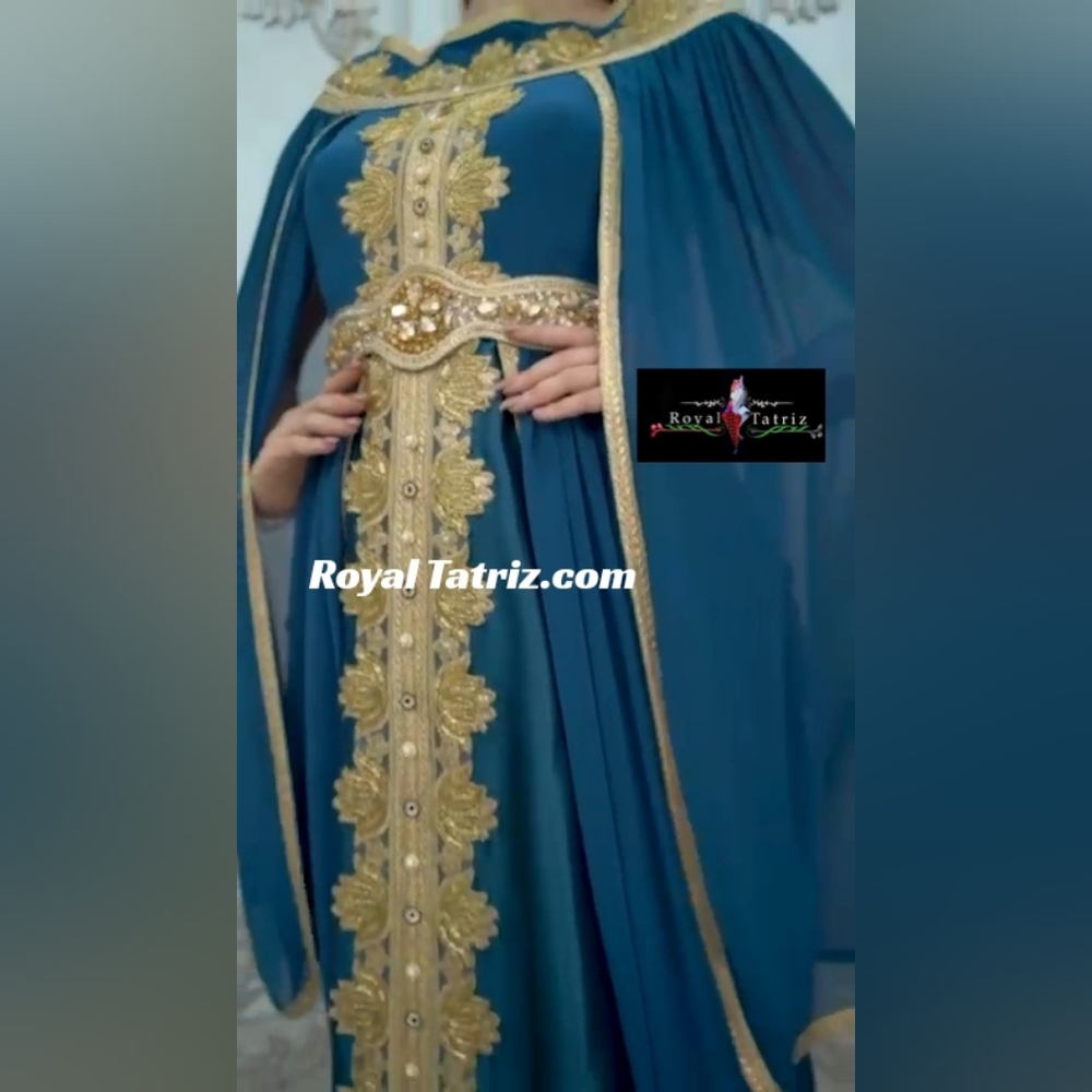 Kaftan, Royal Kaftan Fancy  blue With Golden Beads Embroidery 💚
